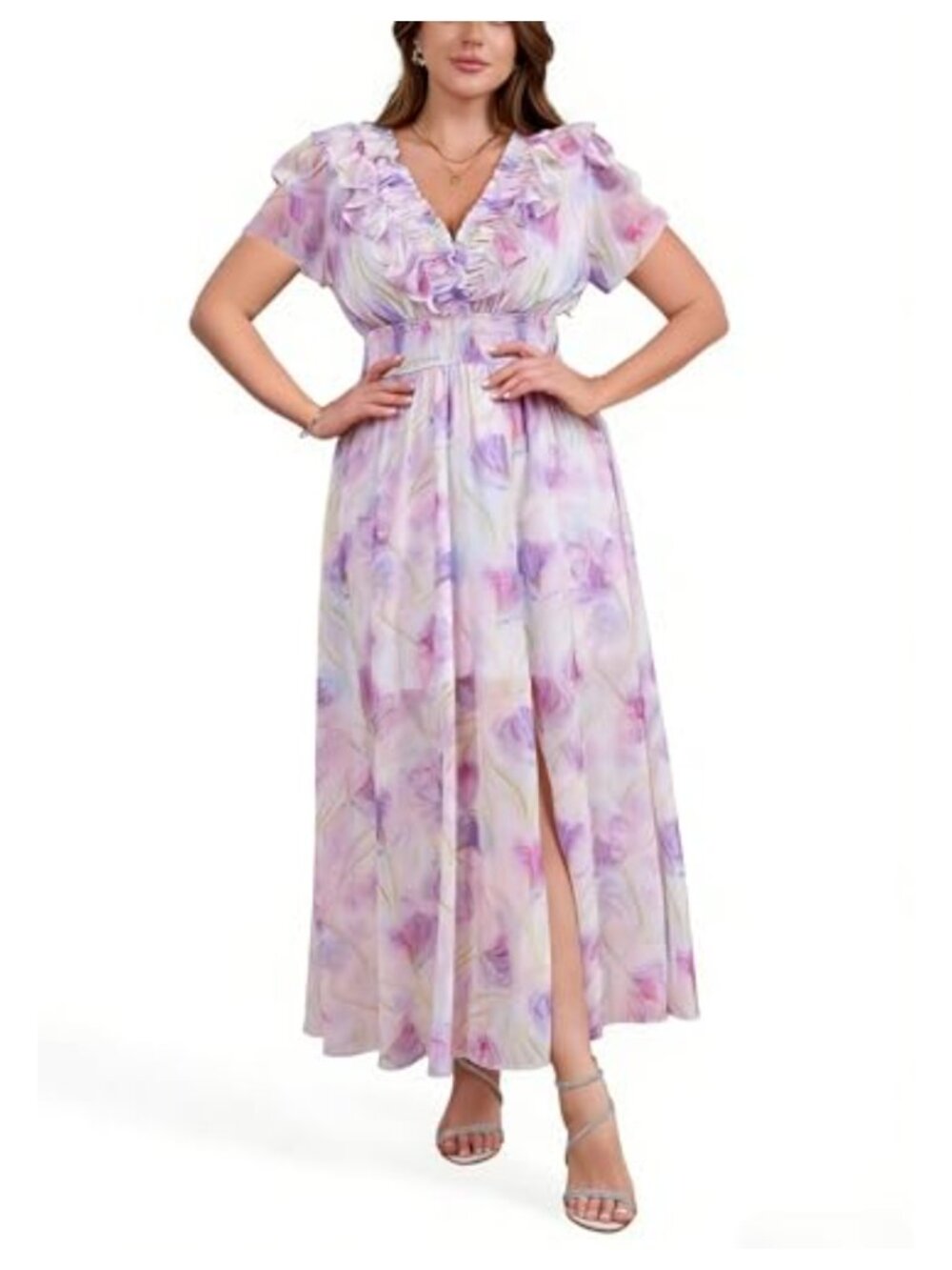 Floral Chiffon Evening Dress V Neck High Waist A Line Formal Party M-3XL